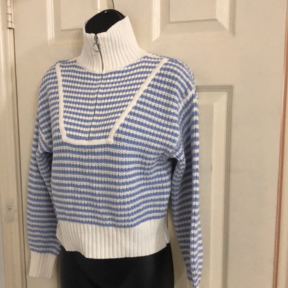 Jessica Simpson blue ecru stripe henley style quarter zipup sweater size medium - Picture 3 of 15